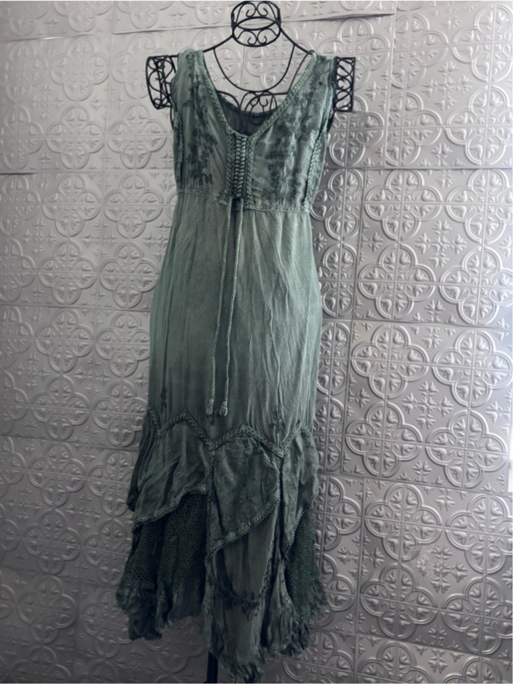 90s vintage Maxi Bohemian Smocked Dress Corset Peasant Embroidered Cottagecore - Picture 2 of 11